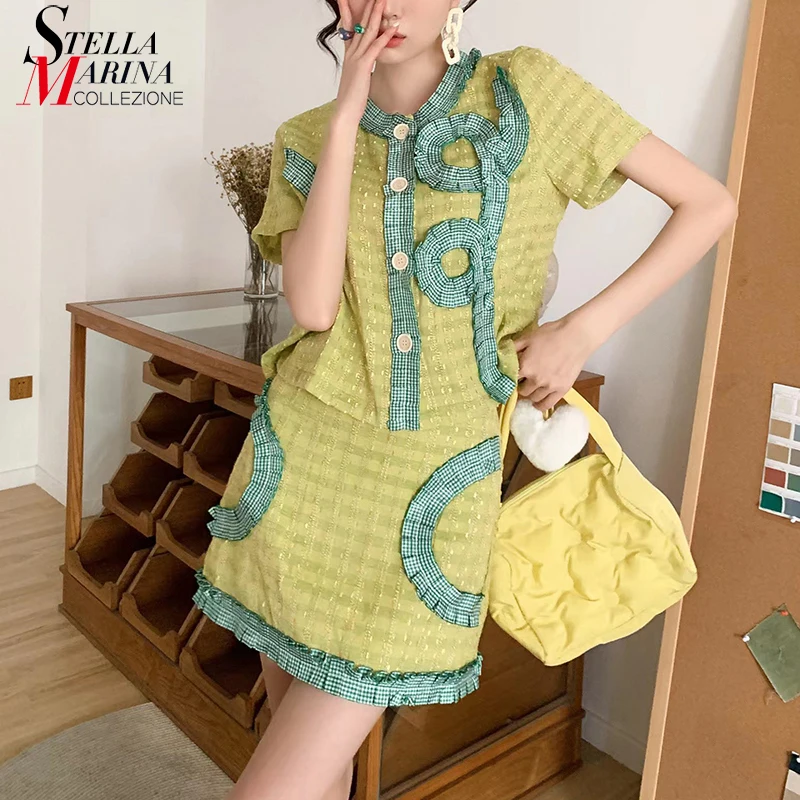 

Новый женский в Корейском стиле комплект из двух предметов: желтая юбка с коротким рукавом, рубашка оверсайз с оборками, Повседневная празд...