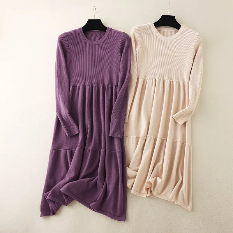 

New Chic Long Knit Maxi Women Sweater Dress Thick Warm Winter Pleated Dress Female Rib O neck Dress A Line Office Lady