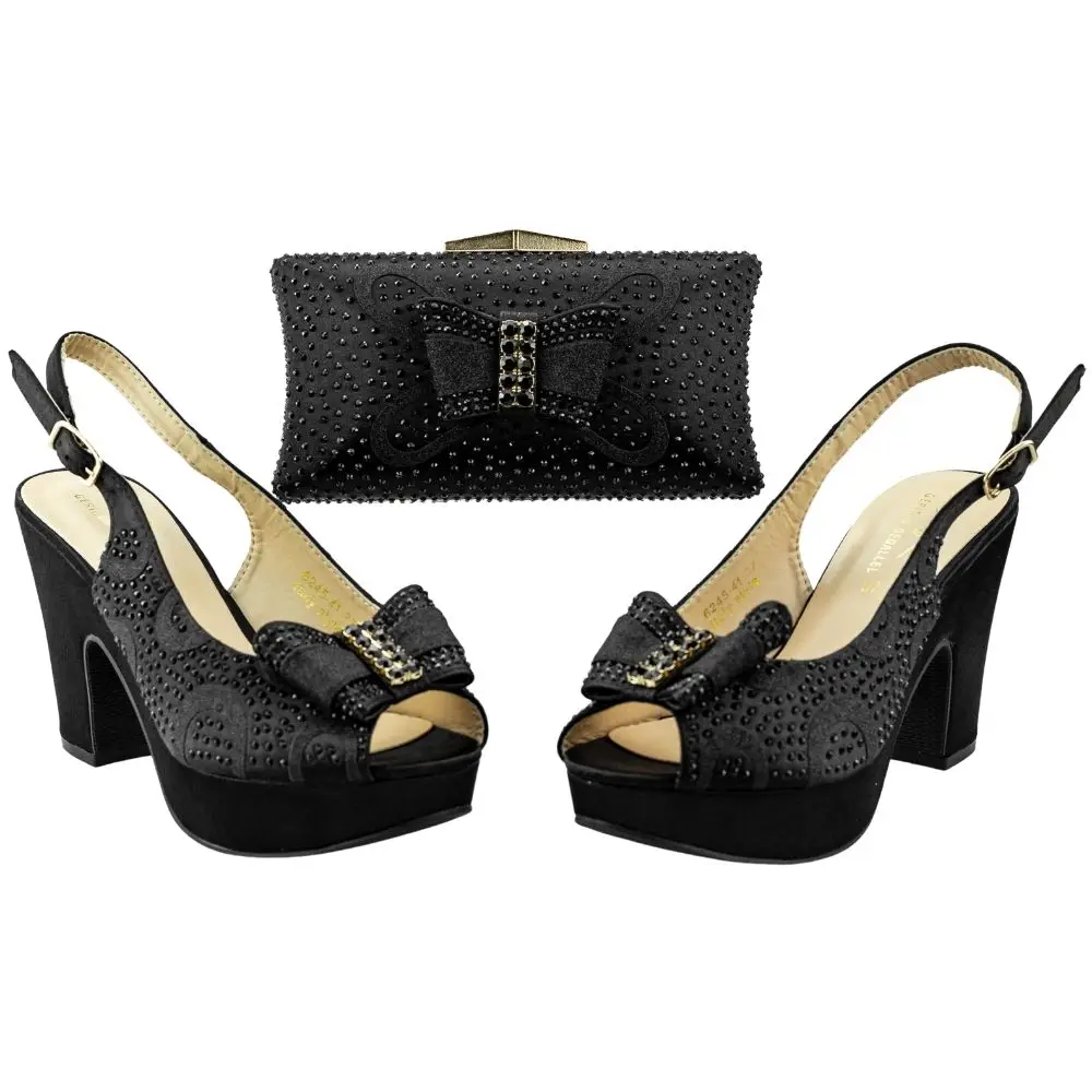 Peep Toe Slingbacks Summer Shoes and Bag Matching Set Black Chunky Heels Gold Green Silver Women's Pumps Shoe with Purse Set