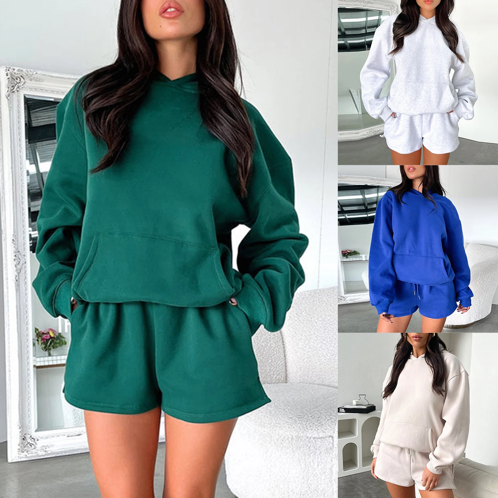 

Women Autumn Winter Hooded Short Set O-Neck Top+Drawstring with Pocket Short 2 Piece Outfit Solid Color Casual Women's Suit