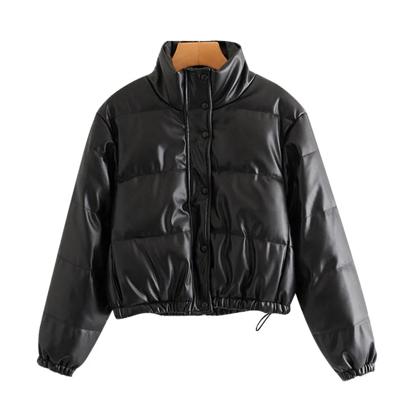 

Huaxiafan Women Fashion Faux Leather Padded Jacket Thick Warm Parka Coat Vintage Long Sleeve Female Outerwear Chic Tops