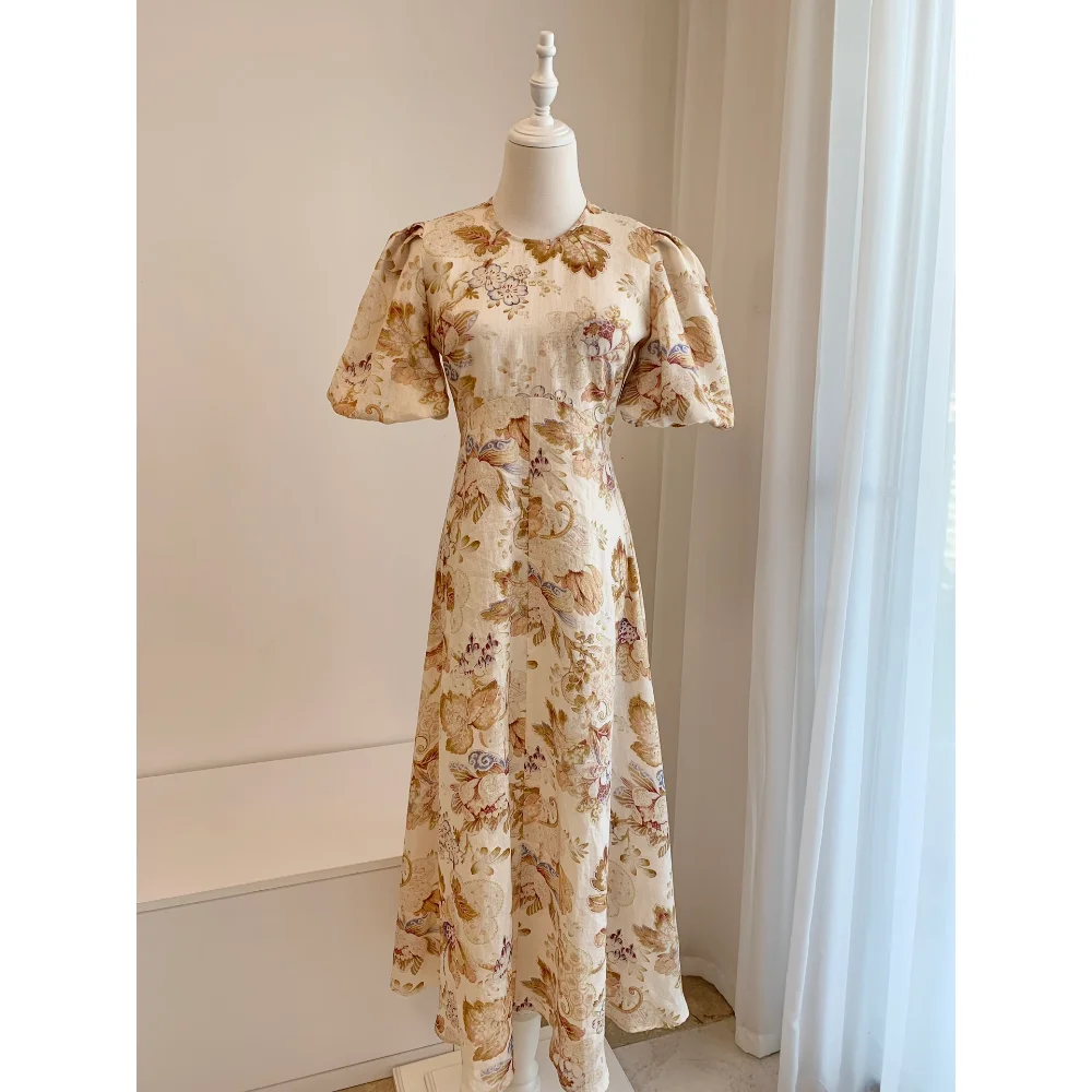 2023 Top Quality Spring Summer Pure Linen Floral Printing Puff Sleeves Elegant Midi Dresses Women