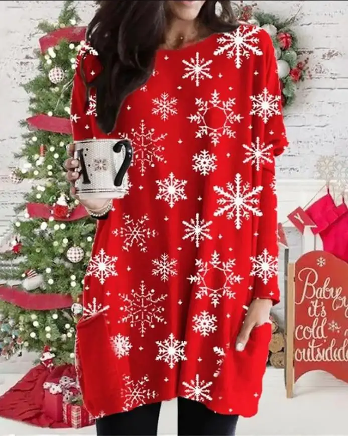 Купи 2022 Winter Dress Women's Christmas Pocket Design Snowflake Print Casual Loose Long Top Elegant Mini Dress Support Wholesale за 465 рублей в магазине AliExpress