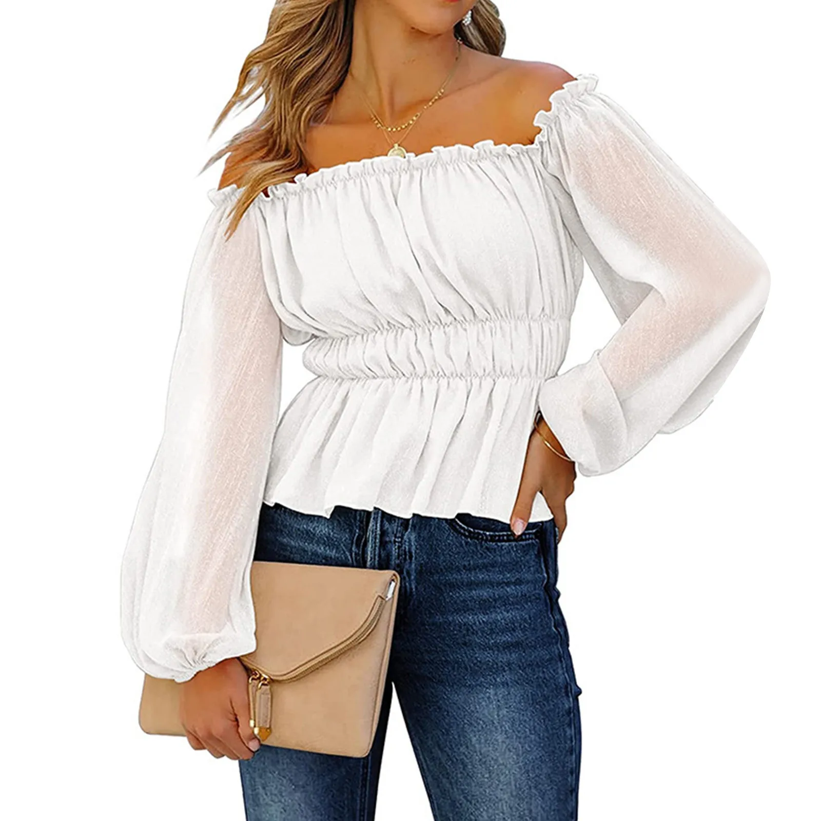 

Womens T Shirt Chiffon Slash Neck Off Shoulder Top Harajuku Lantern Long Sleeve Tunic Top Solid Fashion Trends Women Clothing 4