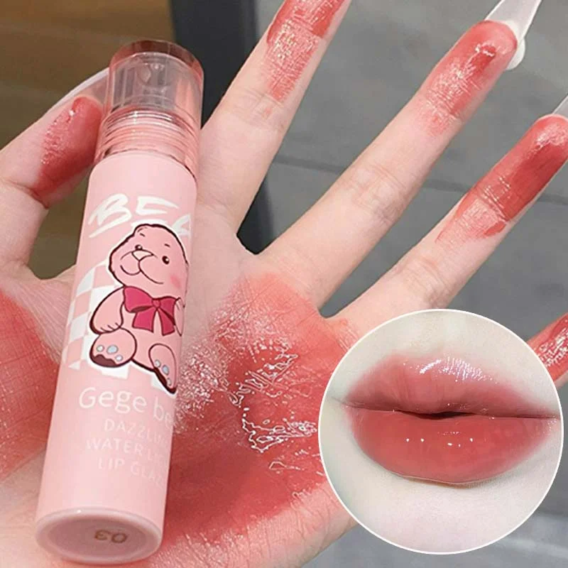 

Cute Bear Mirror Jelly Lip Gloss Water Light Red Liquid Lipstick Lating Non-sticky Moisturizing Lip Tint Lips Makeup Cosmetic