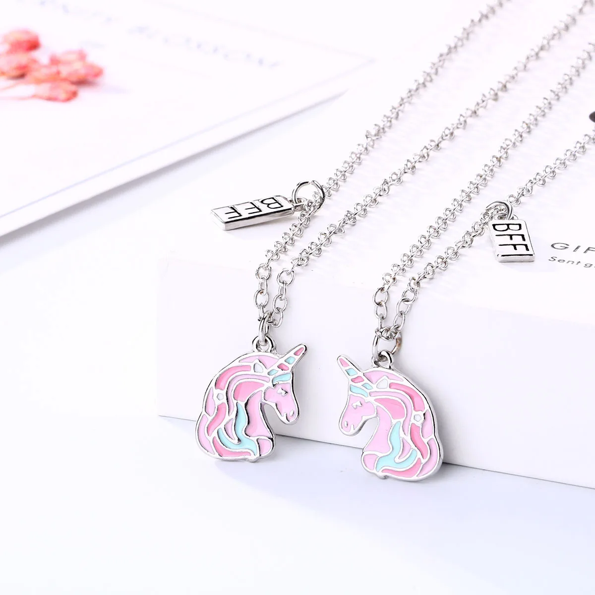 

New Unicorn Necklace Cartoon Children BFF Friends Alloy Drip Necklace Set Pair Wholesale