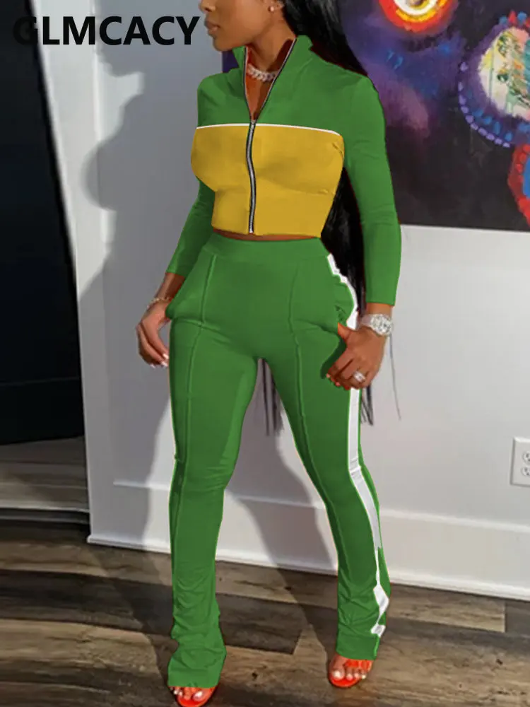 

Женские спортивные костюмы из двух предметов, короткий топ на молнии с длинным рукавом и облегающие брюки, комплект