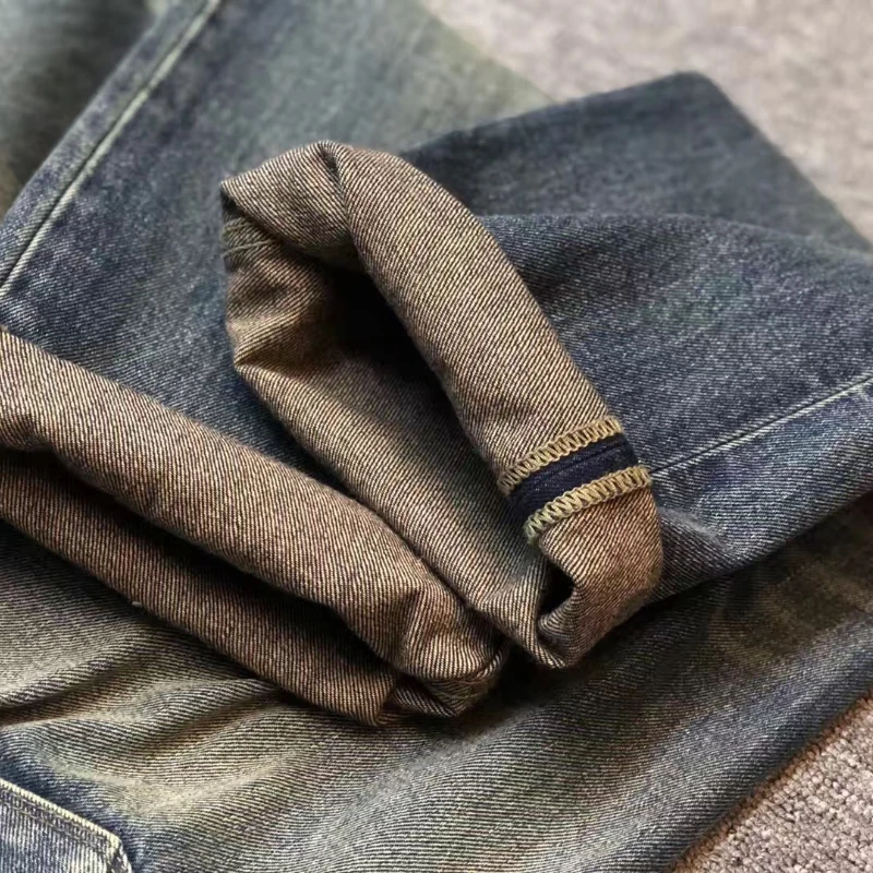 American-style washed old straight elastic heavy denim jeans men's Amikaji slim straight pants tide