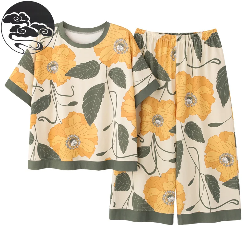 

Домашняя хлопчатобумажная женская пижама, элегантный комплект с цветочным принтом, женская пижама, ночная рубашка большого размера, одежда...