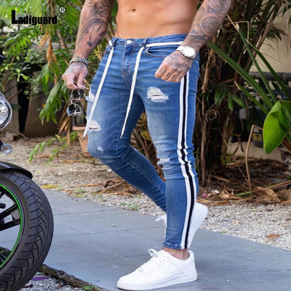 Ladiguard 2022 Summer Mens Pocket Design Jeans Simple Classic Fashion Skinny Denim Trousers Male Casual Drawstring SweatPants