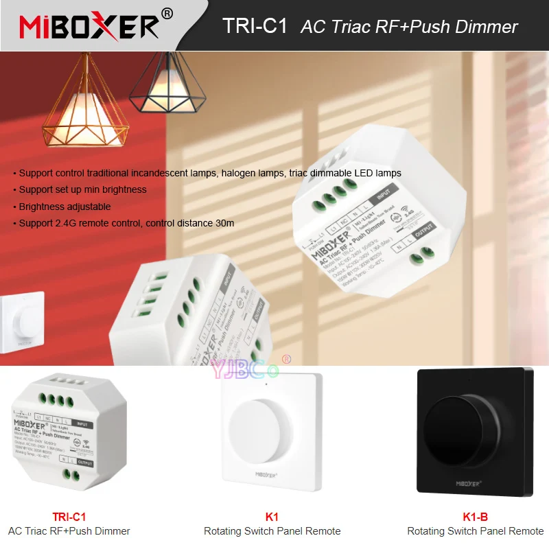 Miboxer TRI-C1 AC110V 220V LED Triac RF Push Dimmer Switch 2.4GH RF Remote Controller work with Rotating switch panel remote K1