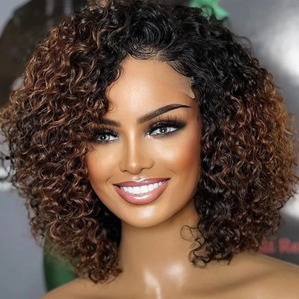 Ombre Brown Kinky Curly Wig Short Bob Human Hair Wigs For Women Brazilian Jerry Curl Human Hair Wig Curly Bob Wig With Bangs