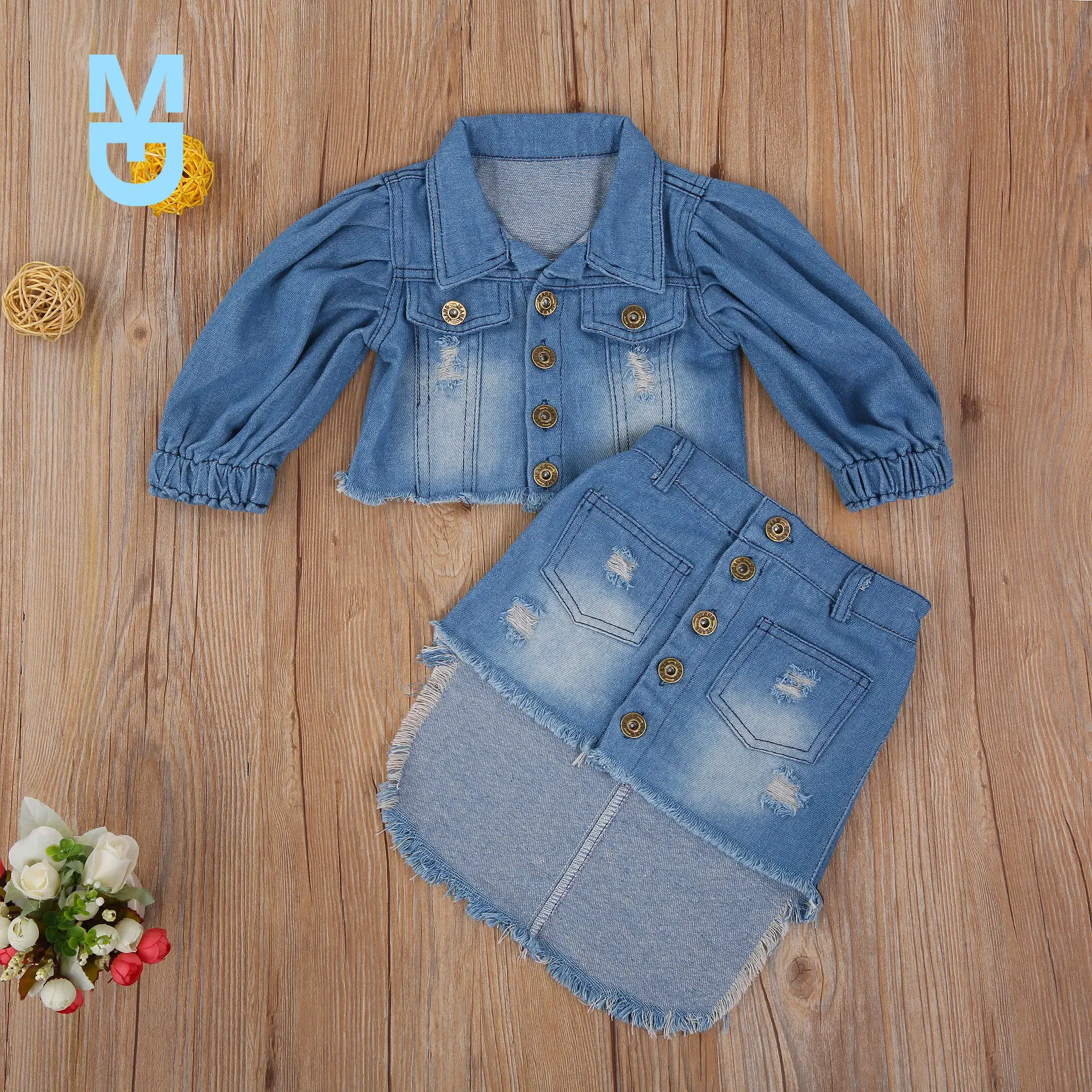 

New 1-6Y Fashion Infant Baby Girls Clothes Sets Denim Blue Long Puff Sleeve Single Breasted Jacket Tops+Pencil Skirts 2pcs