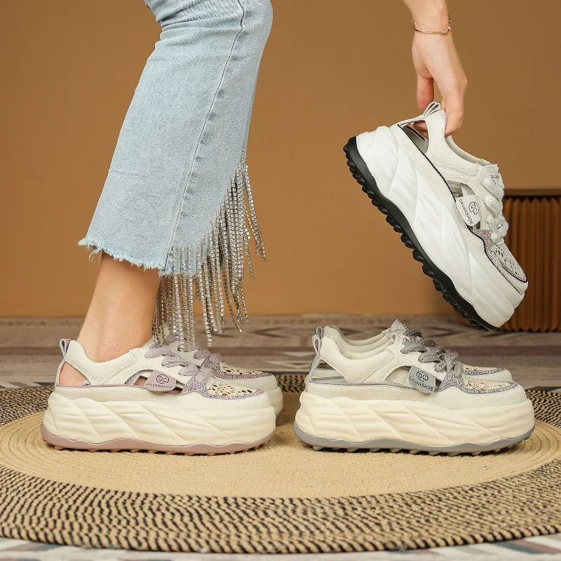 Rhinestone Decor 5cm Lace Genuine Leather Slides Hollow Ladies Summer Breathable Ankle Boots Women Platform Sandals Wedge Shoes