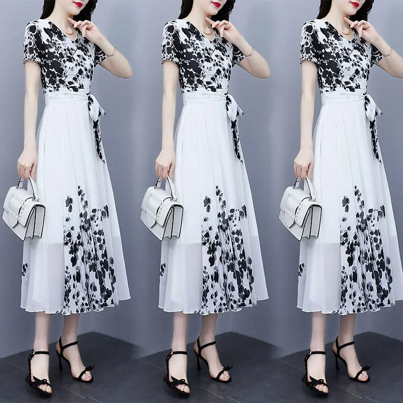 

Ink Painting Color Commuter Chiffon Dress Women's Summer 2022 New Temperament Beach Dress Mid-Length Office Fashion Clothes H673