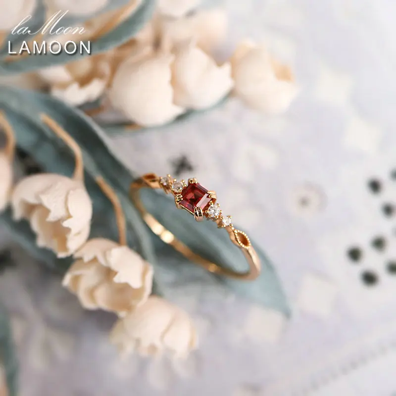 LAMOON Natural Garnet Ring For Women Gemstone Thin Rings 925 Sterling Silver Gold Vermeil Simple Daily Jewelry Friendship Gift