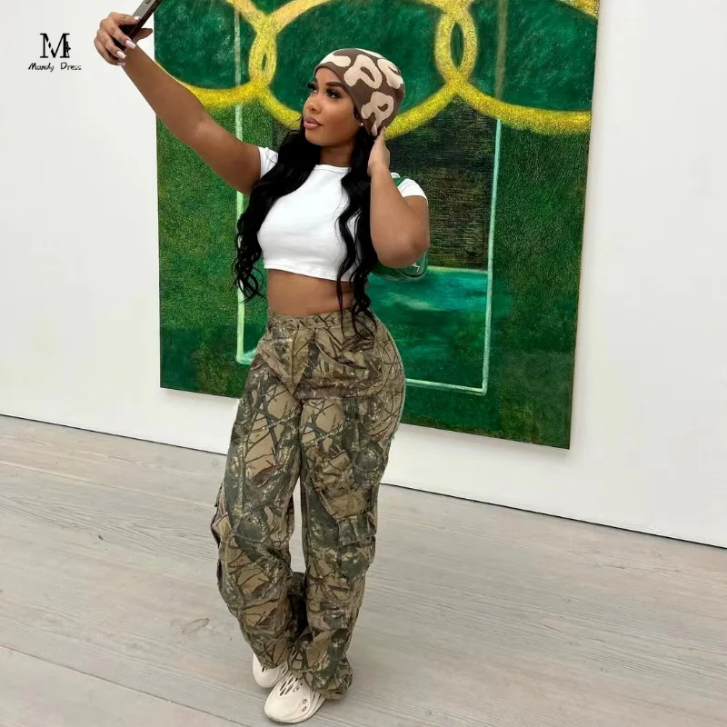 

Брюки-карго женские камуфляжные с завышенной талией и широкими штанинами