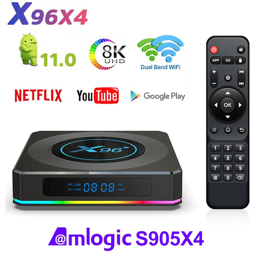 

X96 X4 Android 11 Amlogic S905X4 4GB 64GB RGB Light TV Box Support AV1 8K Dual Wifi BT4.1 Youtube 32GB X96X4 Media Set Top Box