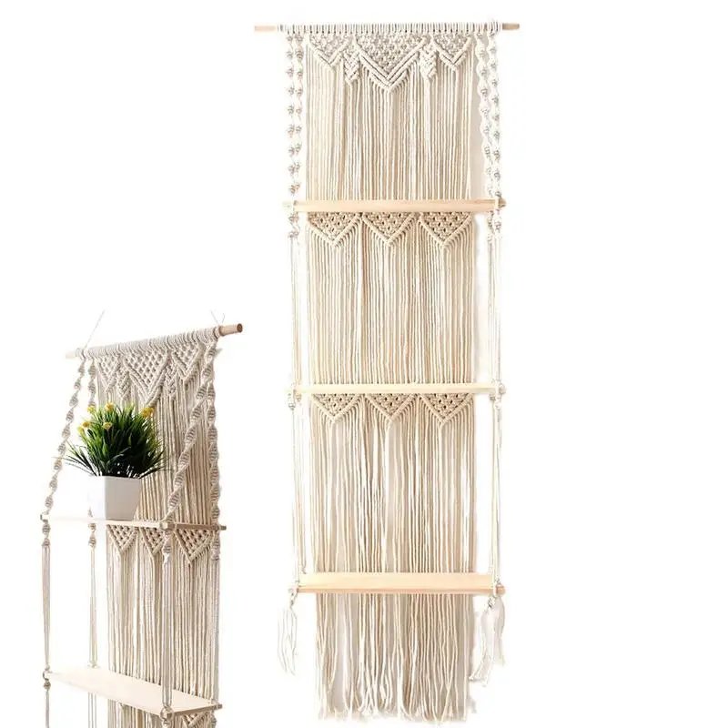 

Настенная подвесная полка в стиле бохо, плетеный деревянный Органайзер с кисточками, 3 уровня, настенная вешалка для домашнего декора