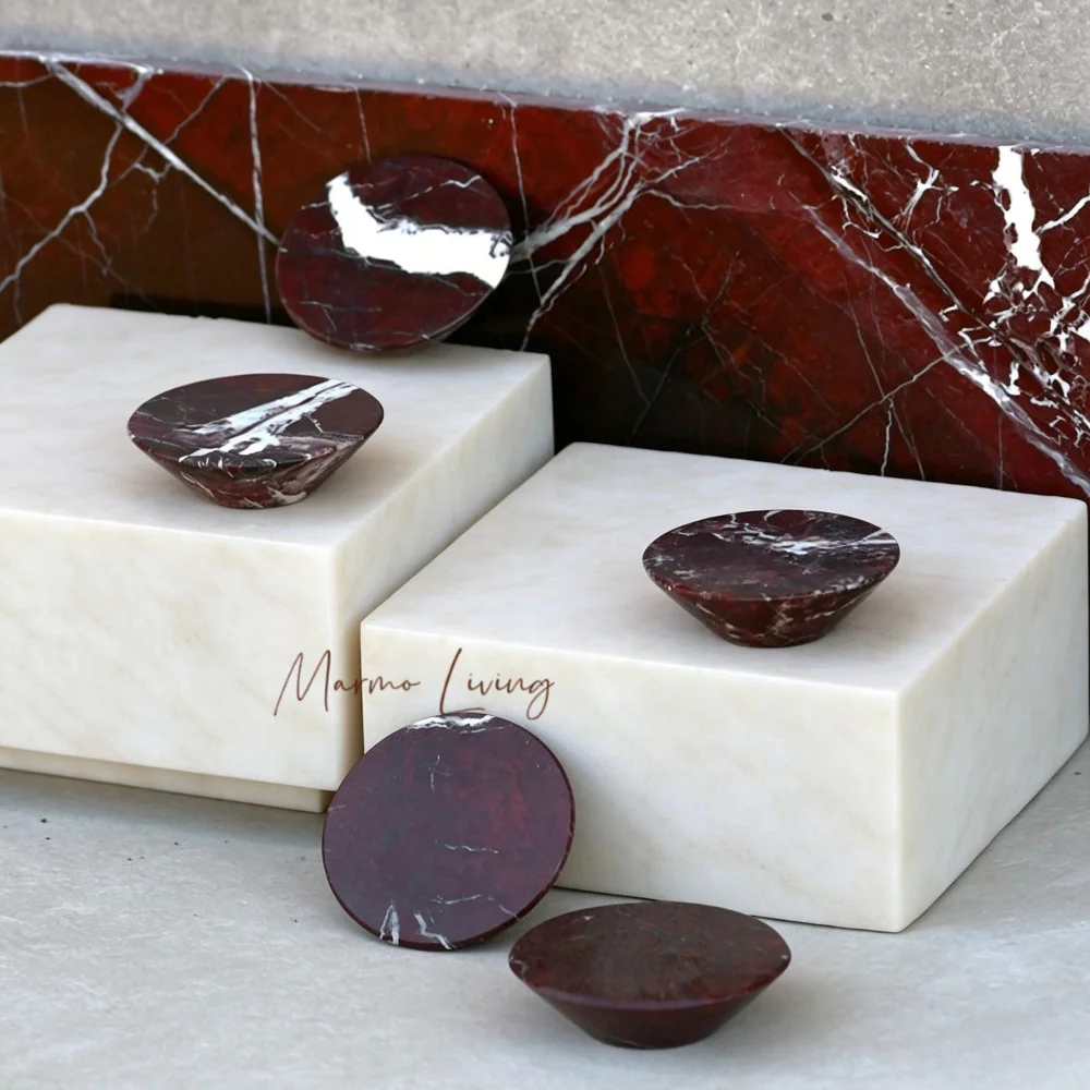 Фото Роскошные скандинавские ручки из натурального мрамора Rosso Stone для шкафов и мебельных ящиков №1