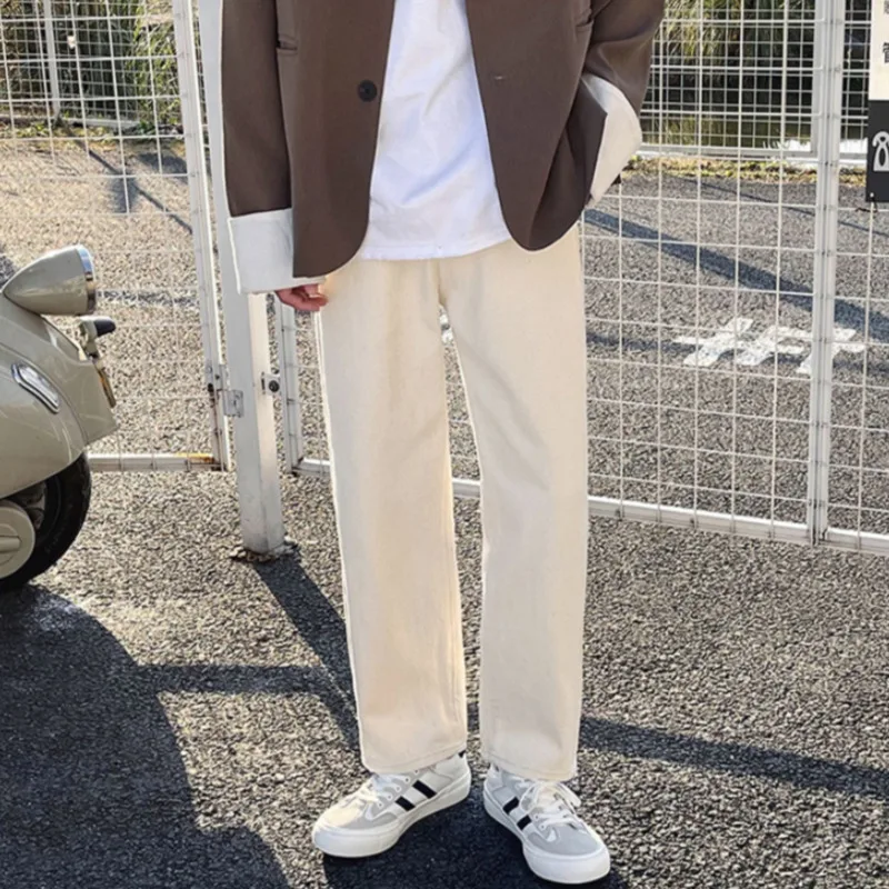 Elastic Waist Jeans Men Fashion Casual Black/Khaki/Beige Straight Jeans Men Streetwear Loose Hip Hop Denim Pants Mens Trousers