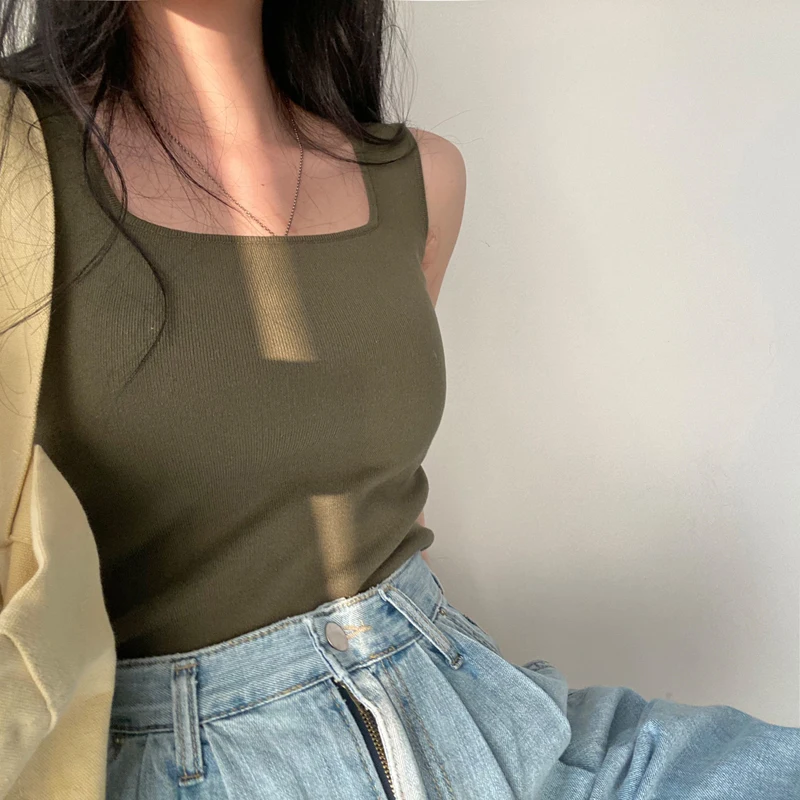 

Korea Chic Summer Slim Versatile Square Neck Knitted Strap Tank Top Slim Fit Sleeveless Short Underlay Top Women's Fashion Cami