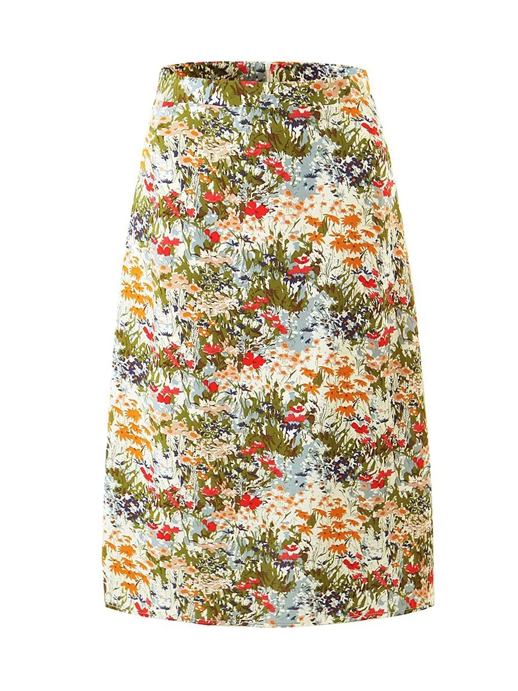 

YENKYE 2022 New Women Flower Print A-line Midi Skirt Vintage Back Zipper High Waist Ladies Summer Skirt