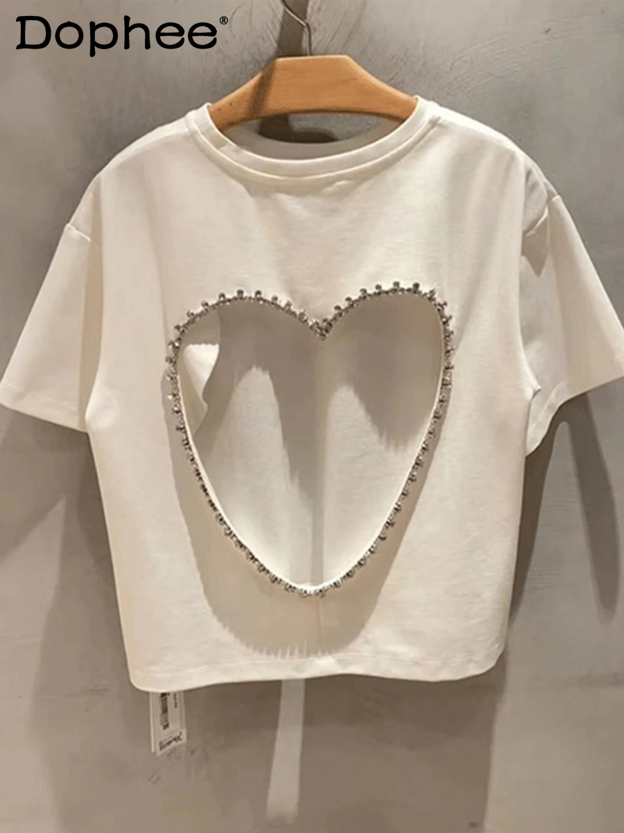 

2022 New Summer T-shirt Women Loose White Short-Sleeved T Shirts Female High Waist Sexy Backless Hollow Out Diamond Short Tops
