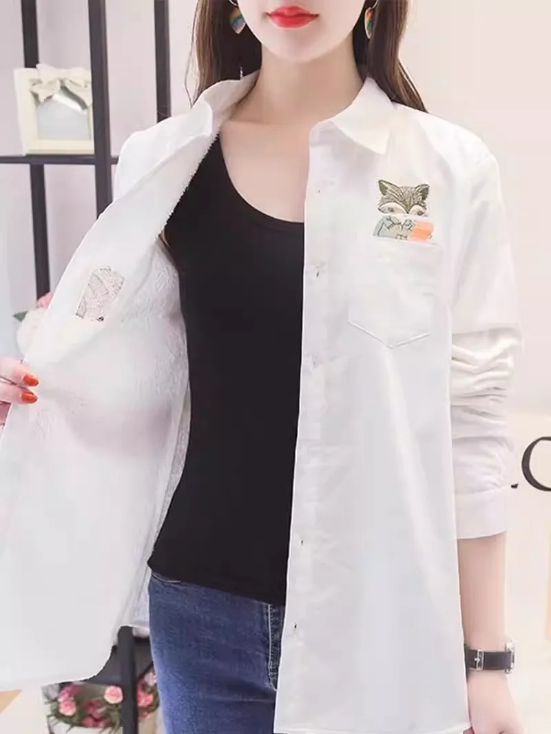White Long sleeve Shirts Outerwear Women 2024 Early Autumn New Fashion Print Fleece-lined Thickened Polo Collar Casual Shirt