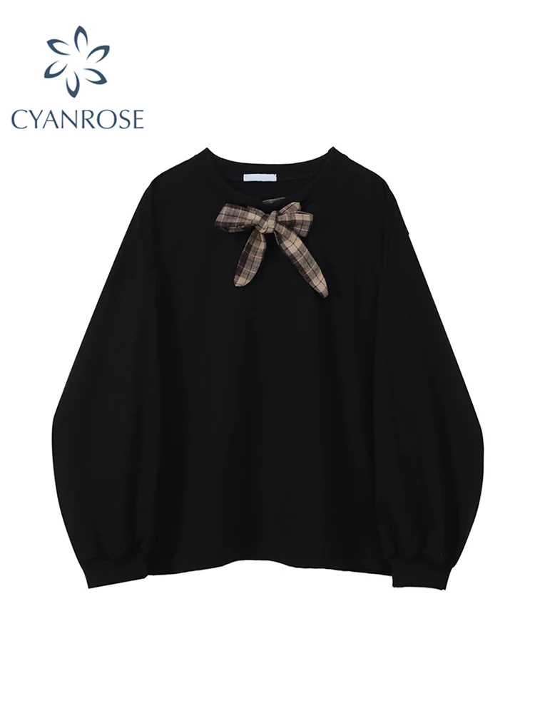 

Black&Khaki Solid Women's Pullover Sweatshirt O Neck Long Sleeve Bownot Preppy Style Street Sweet 2022 Loose Jumper Sweatwear