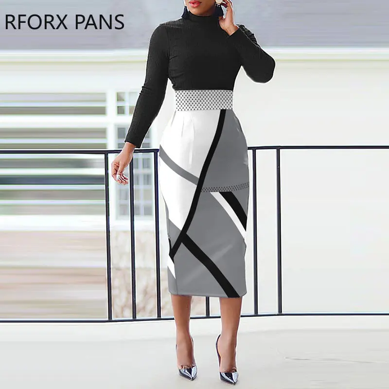 

Women Elegant All Over Print Round Neck Small Silt Pocket Bodycon Midi Working Dress