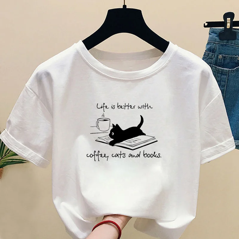 

Fashion Coffce T-shirt Women's Life Is Better With Coffce T Shirts Unisex Funny Cute Cat T Shirt Summer White Animal Print Tops