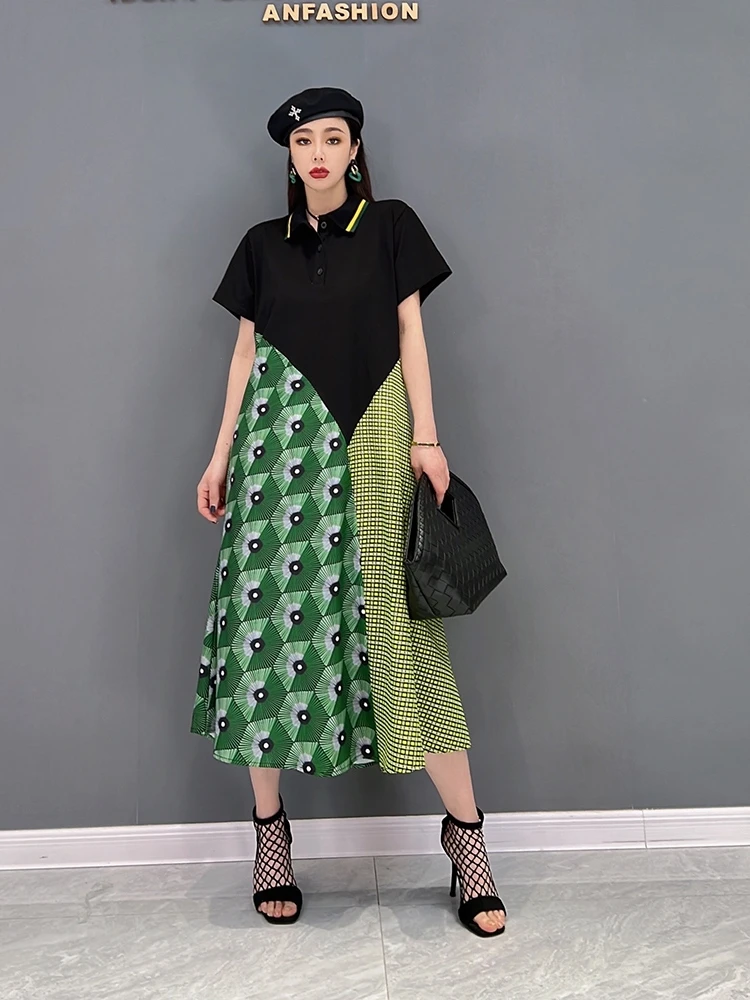 

SuperAen 2022 Spring New Fashion Black Printing Patchwork Casual Turn Down Collar T-shirt Slim Dress for Women
