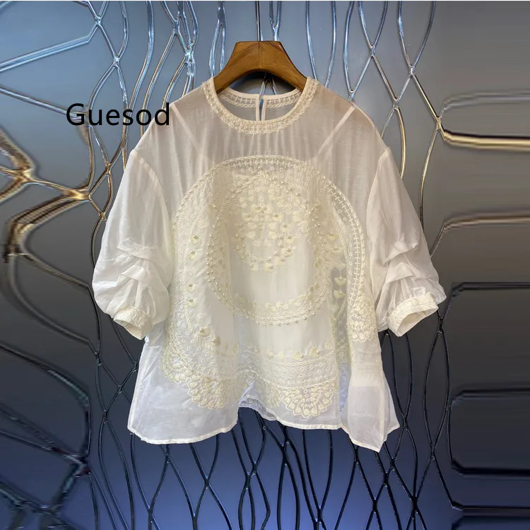 

Женская хлопковая шелковая блузка, летняя женская блузка со складками и вышивкой из бисера, с цветочной вышивкой и подкладкой, новинка 2022