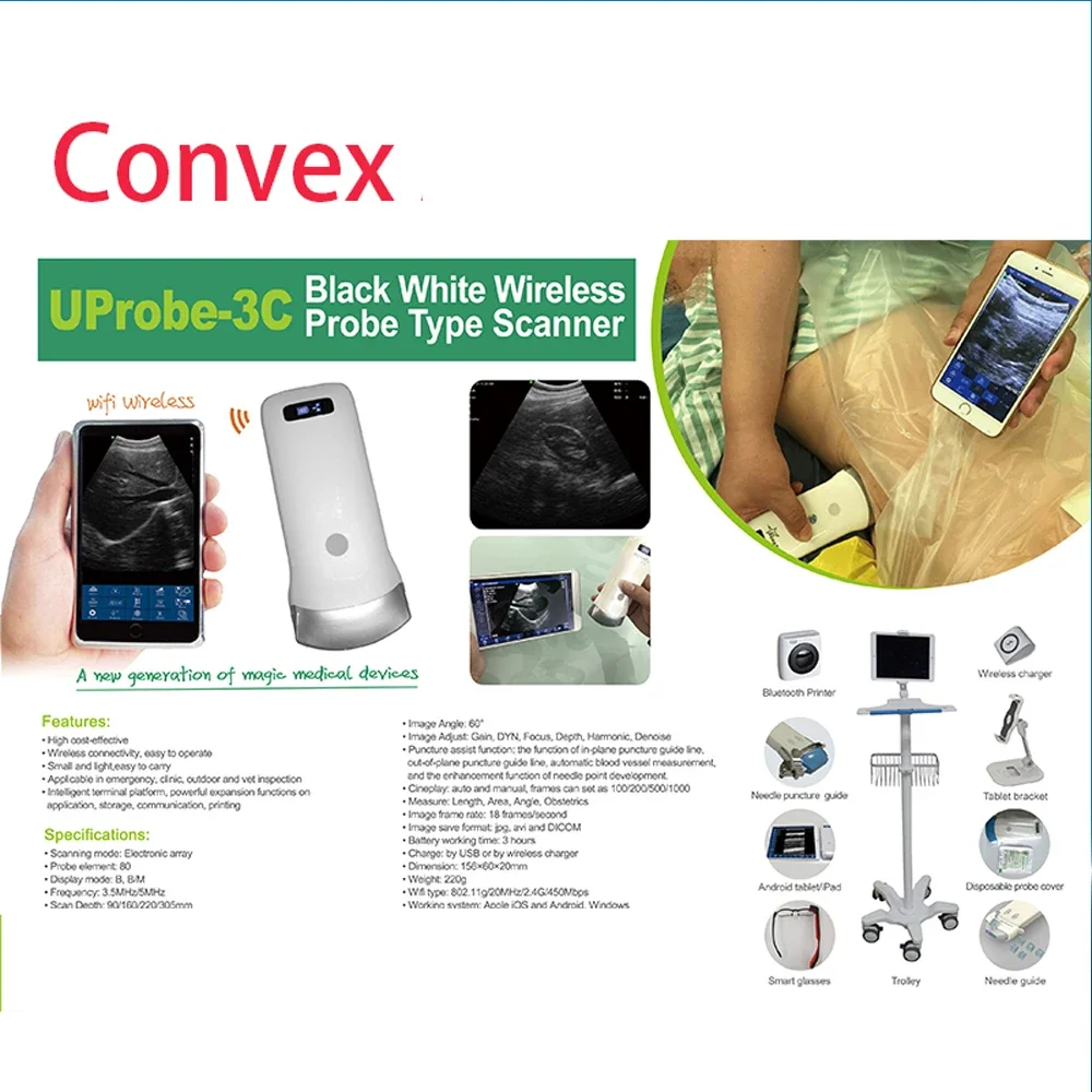 Беспроводной ультразвуковой сканер 80E выпуклый зонд 3 2 МГц с поддержкой IOS Android