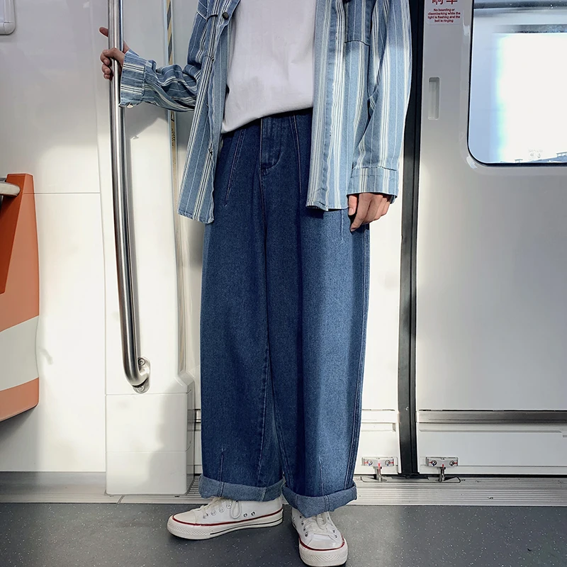 Spot Jeans Men's and Women's Oversized Loose Wide-Leg Pants Fashion Slimming Daddy Pants A353-1-NK35-P55 Blue men's