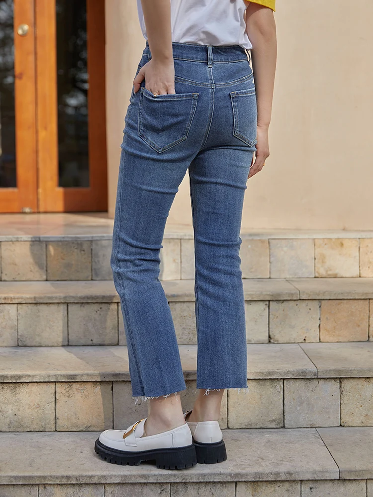 ZIQIAO Japanese Light High Waist Cropped Shrink Jeans Office Lady Multi-Button Cotton Stretch Jeans Denim Blue Ankle-Length Pant