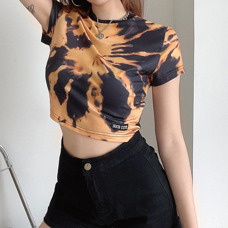 

Woman Summer Tie Dye Slim Fitness T Shirt Navel Bare Short Sleeve T-shirts Streetwear Fashion New Harajuku Letter Label Tshirts