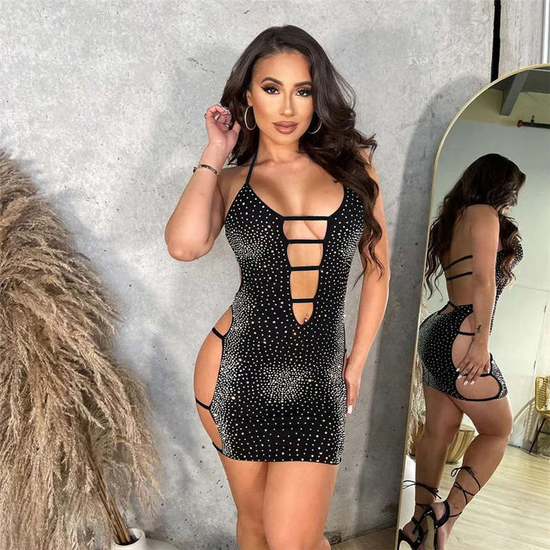 

Sexy Halter Shiny Diamonds Mini Dress Women Summer Lace Up Sleeveless Backless Hole Cleavage Bodycon Partywear Female Vestidos