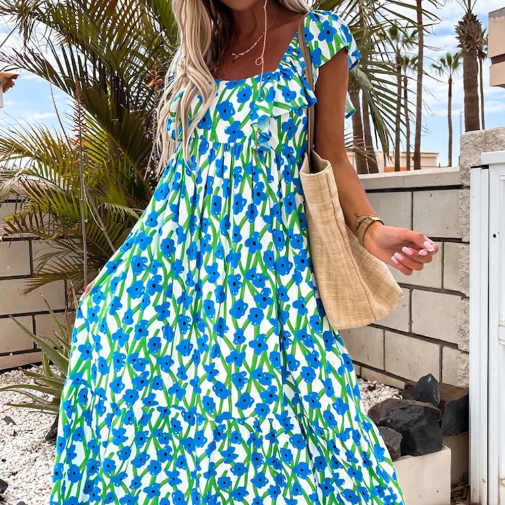 

Ladies Sexy Short Sleeve Beach Dress Vintage Women Floral Print Loose Casual Dress 2022 Summer Elegant Square Collar Long Dress