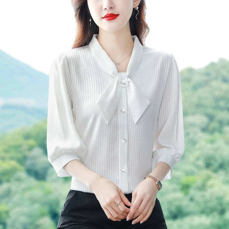 

Женская шифоновая блузка на пуговицах, белая офисная рубашка с рукавом три четверти и бантом в Корейском стиле на осень