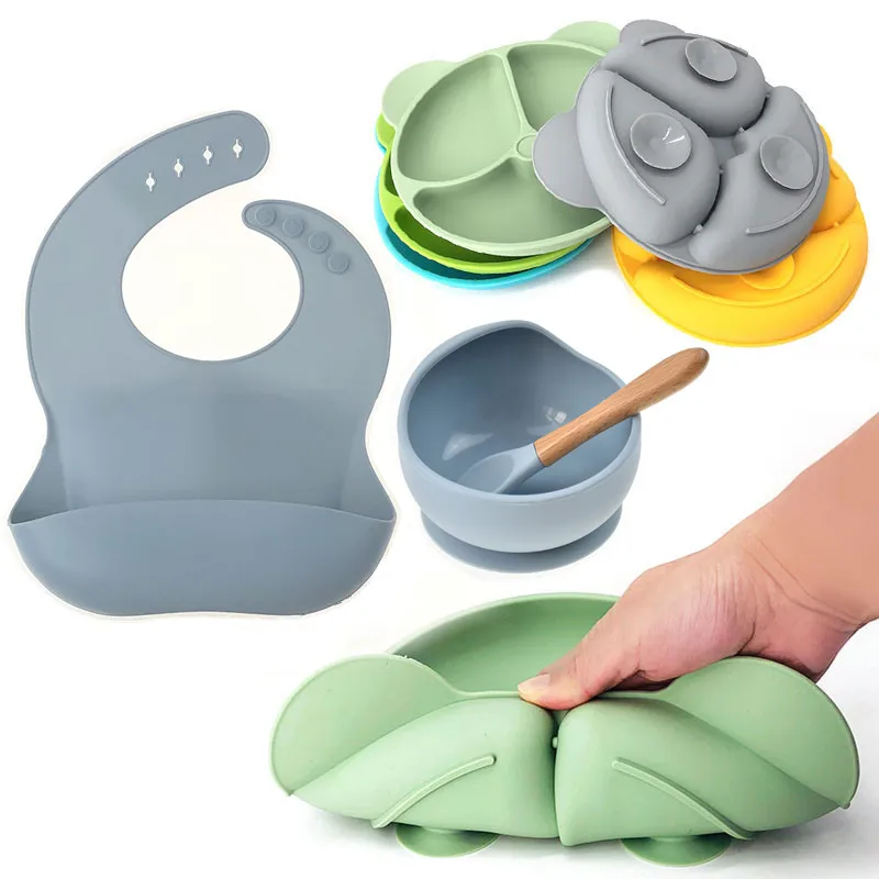 Baby Tableware Set Children's Dishes Silicone Sucker Bowl Baby Bear Face Plate Baby Dinnerware Set Retro Kids Plate Spoon Bowl