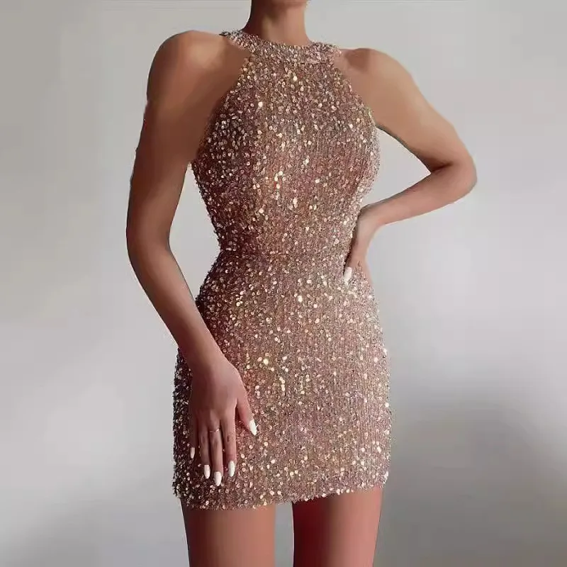 2024 модное сексуальное платье с лямкой на шее и кристаллами бахромой блестками