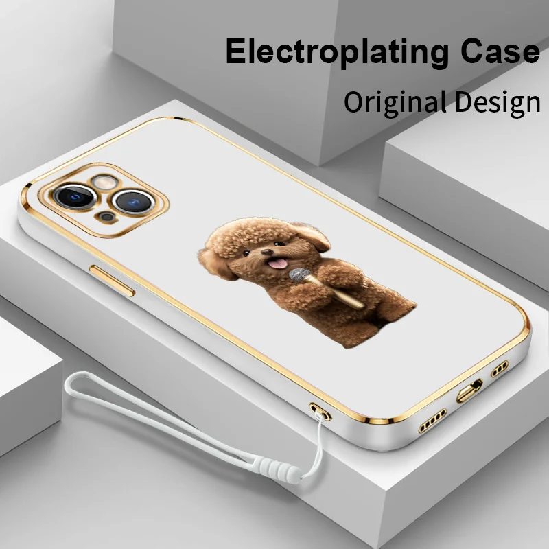 

Singing Puppy Square Electroplating Phone Case for iPhone 14 11 12 13 Pro Max Plus Mini 6 6S 7 8 SE2 SE3 X XR XS Soft Back Cover
