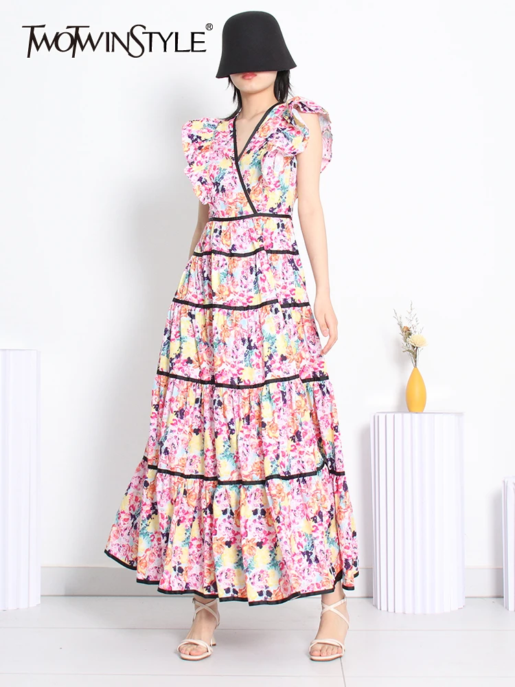 

TWOTWINSTYLE Vintage Loose Dress For Women V Neck Butterfly Sleeve High Waist Print Colorblock Midi Dresses Female Clothing 2022
