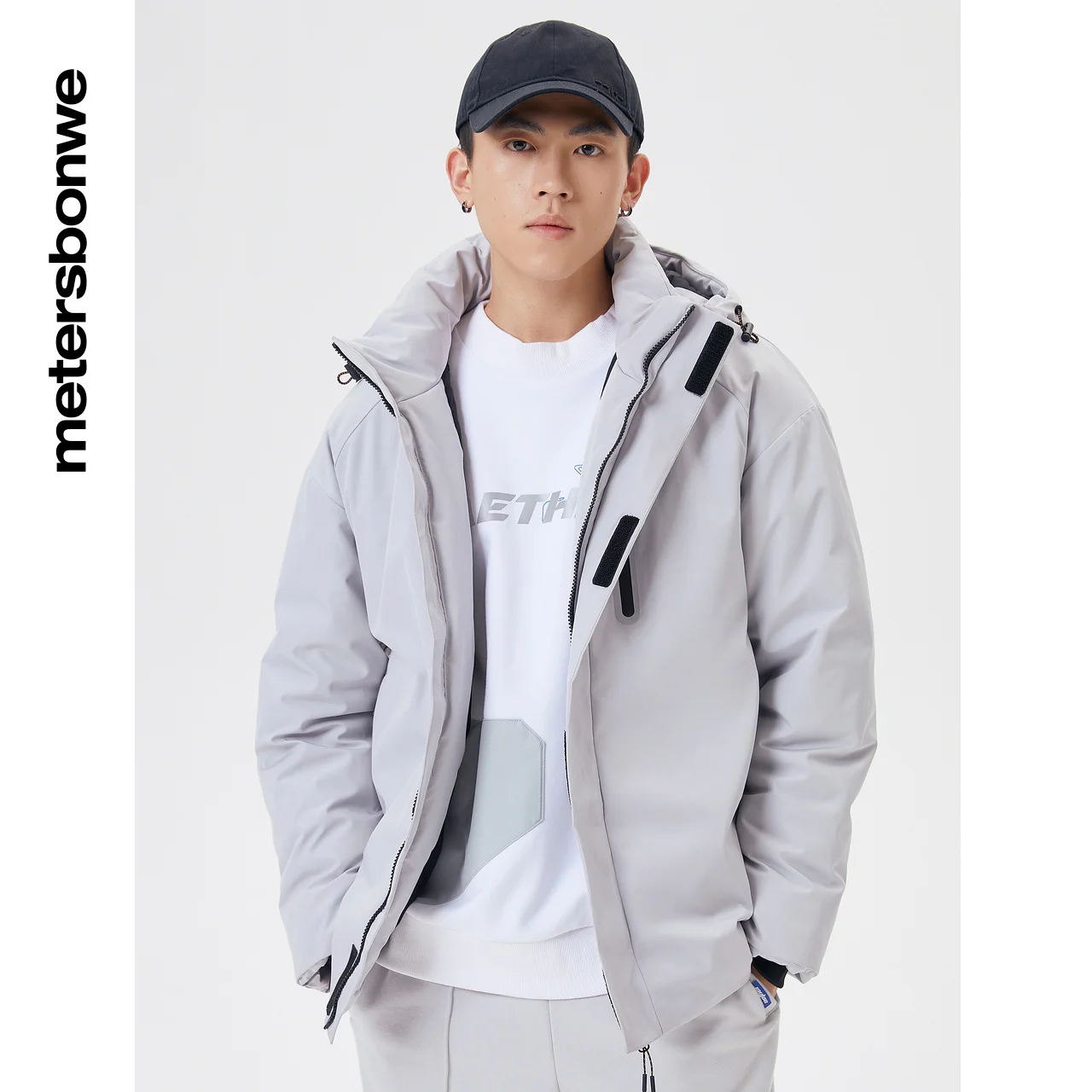 Metersbonwe Men's Thick Waterproof Winter Warm Down Jacket 80% Gray Hooded Duck Down Solid Color Short Down Coat