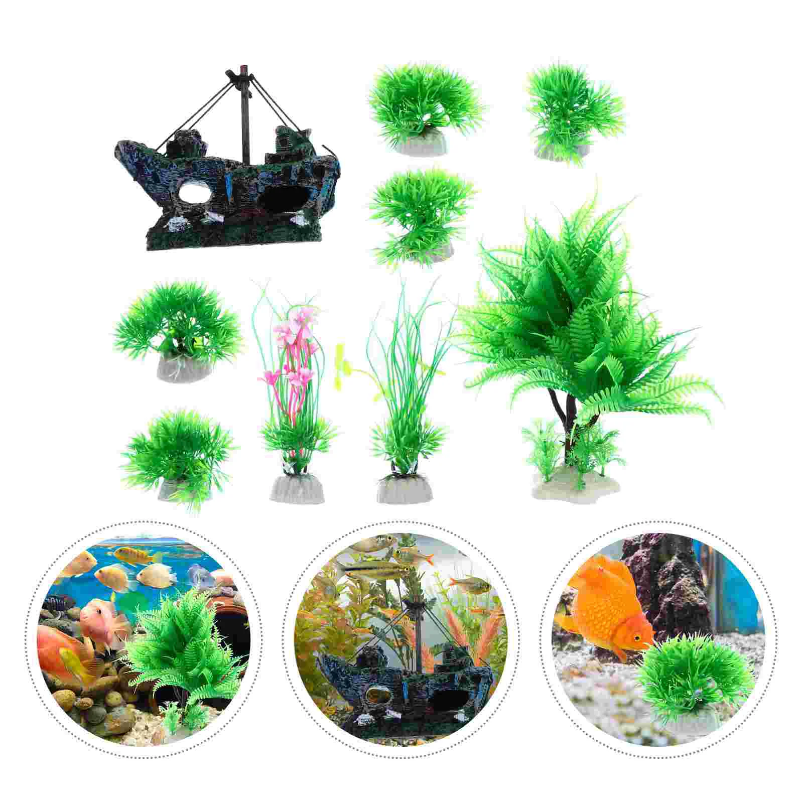 

9pcs Fish Tank Ornaments Artificial Aquarium Plastic Grasses and Flowers