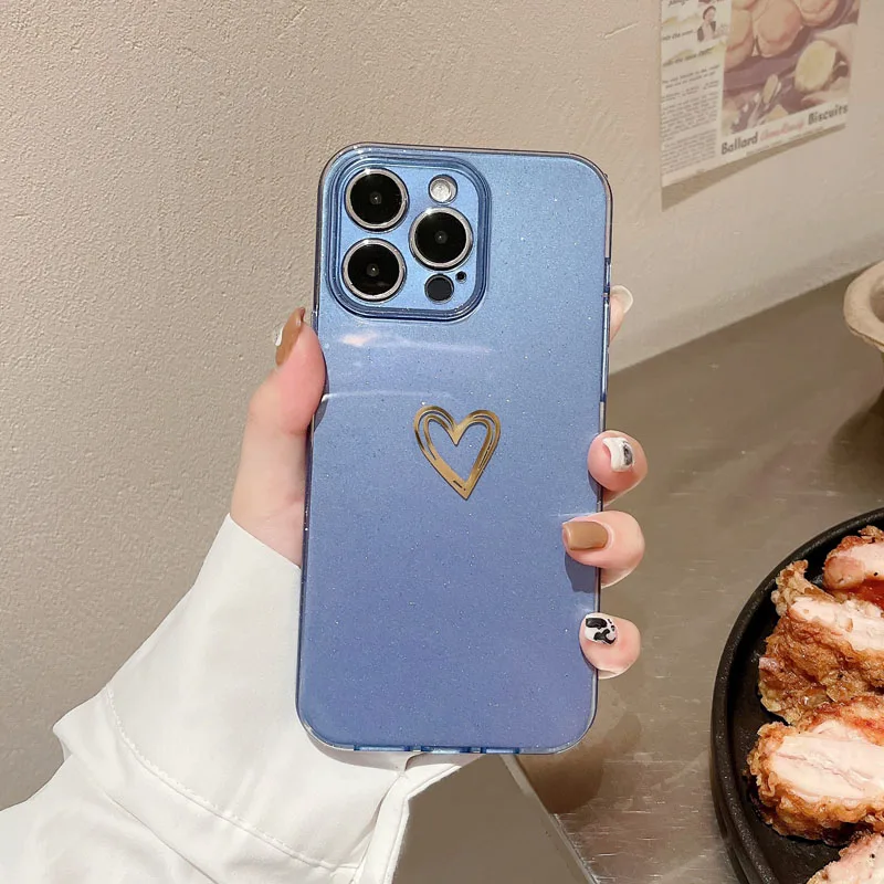 

Luxury Glitter Love Heart Pattern Phone Case For iPhone 13 12 14 11 Pro Max X XR XS Max 7 8 14 Plus Camera Protection Soft Cover