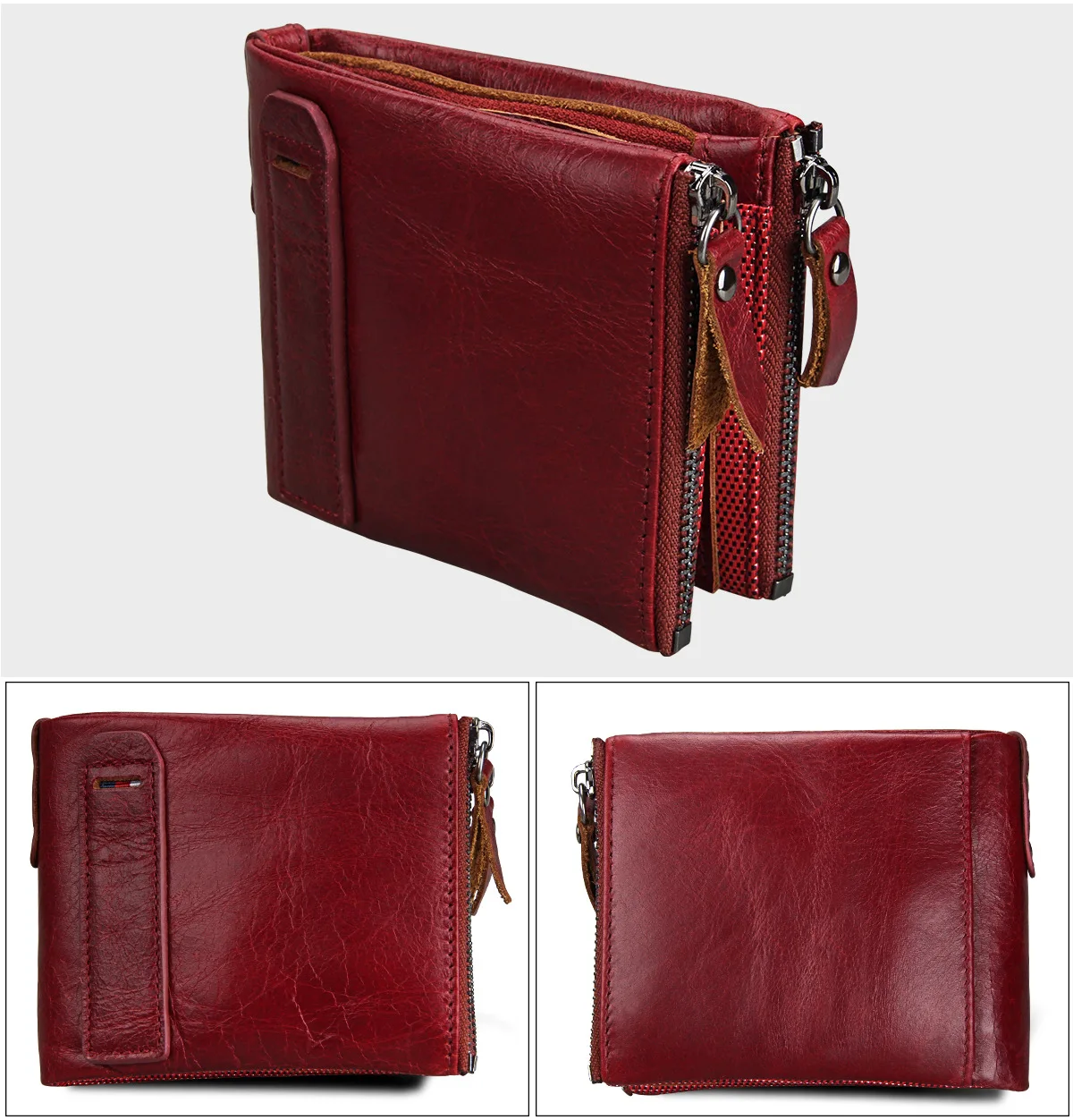 2023 Cowhide Genuine Leather Men Wallets Protected RFID Short Card Holder Vintage Coin Purse Double Zipper Male Pockect Purse