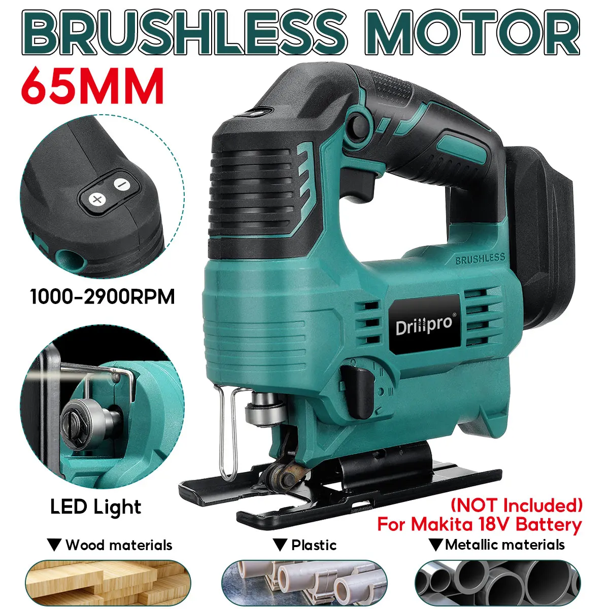 Drillpro 65mm 2900RPM 18V Brushless Jigsaw Electric Jig Saw Blade Adjustable Woodworking LED Power Tool for Makita Battery | Инструменты